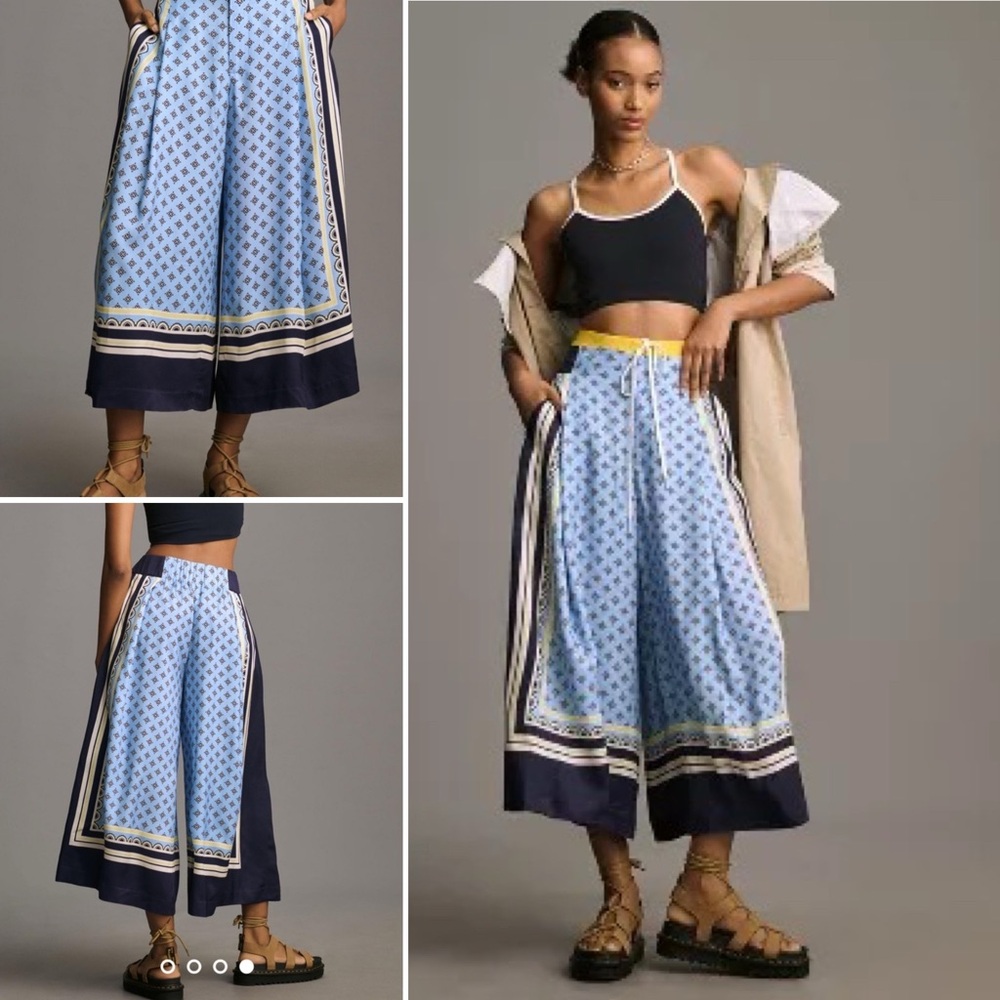 Anthropologie Maeve Printed Pleated A-Line Culottes Sz M 💙🤍💙